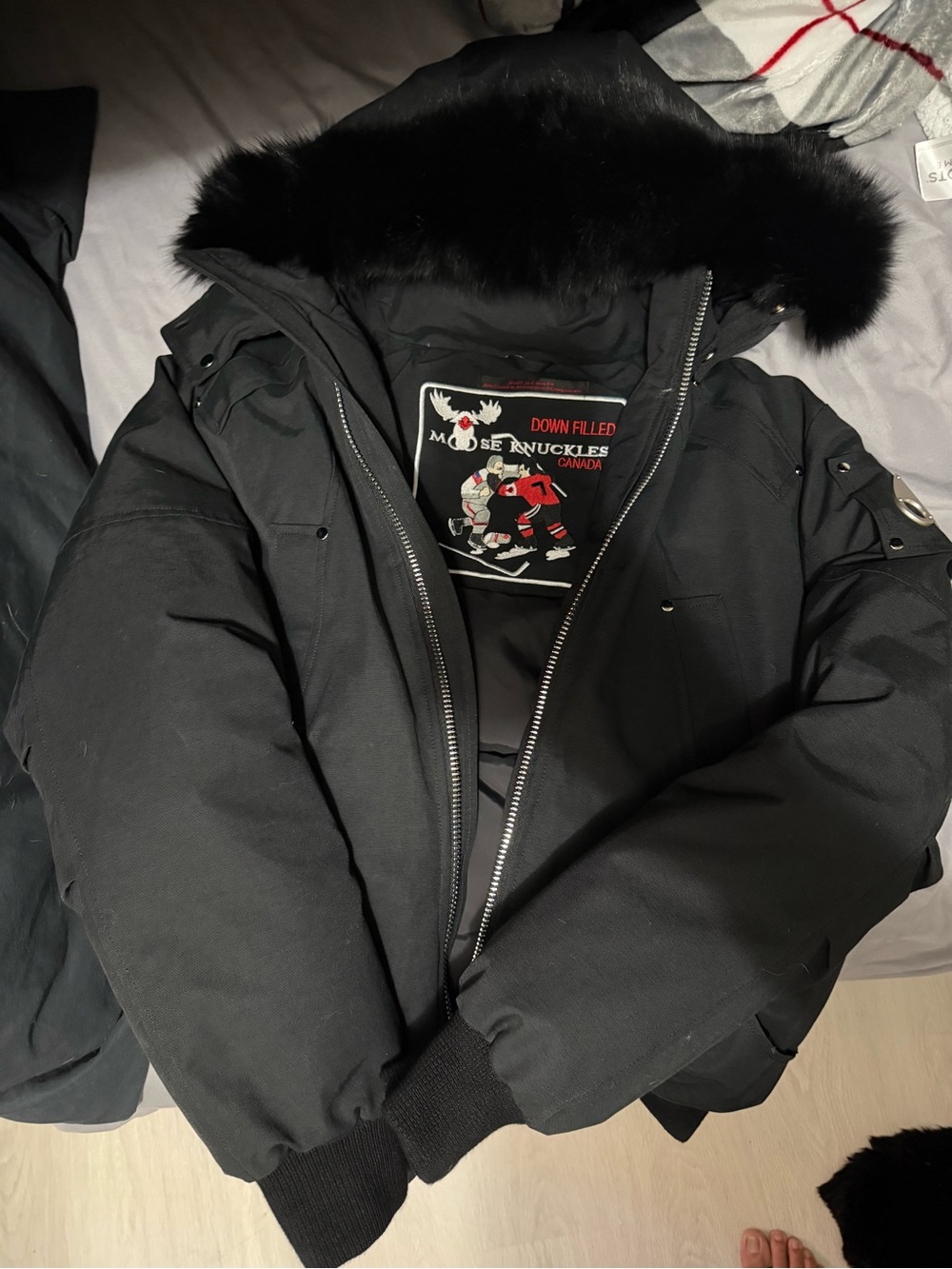 Moose Knuckles Black Down-Filled Puffer Jacket with Fur-Trim Hood